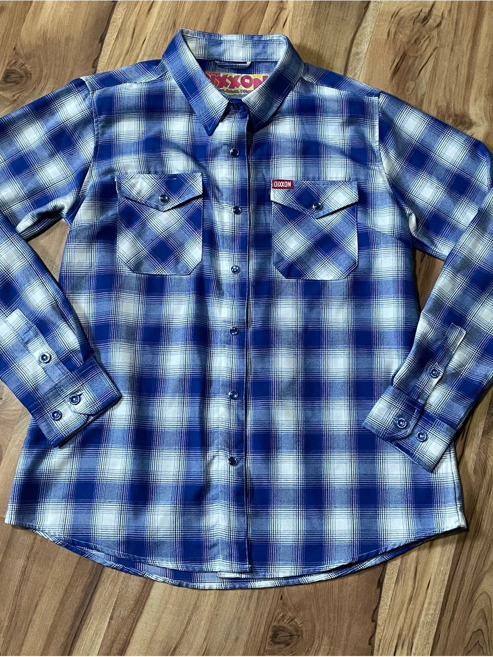 Dixxon Flannel Women’s Large Wipeout Blue White Ombre Plaid D-Tech Shirt L
